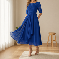 Cadiz Lace Chiffon Midi Dress in Dark Blue