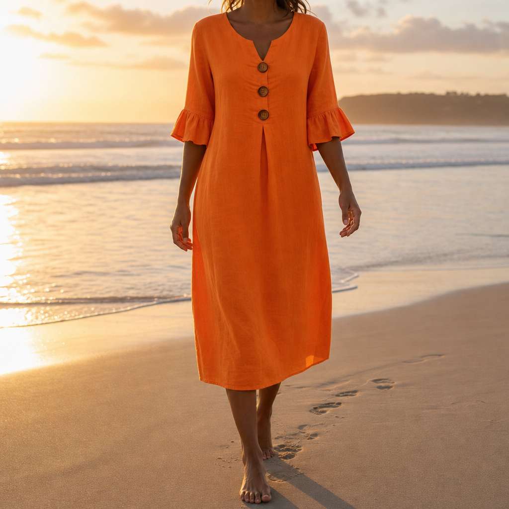 Calvi Button Front Midi Dress in Orange