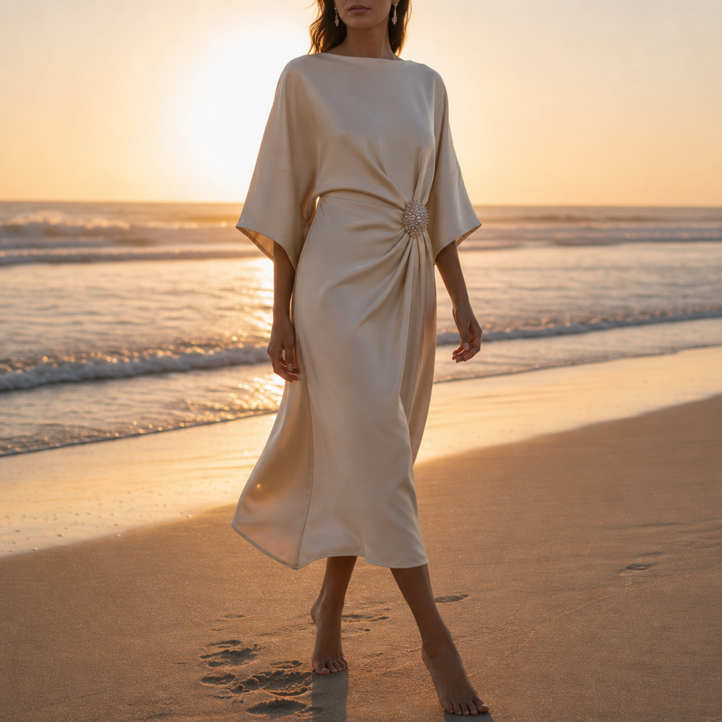 Montalcino Satin Batwing Midi Dress in Beige