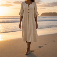 Calvi Button Front Midi Dress in Beige