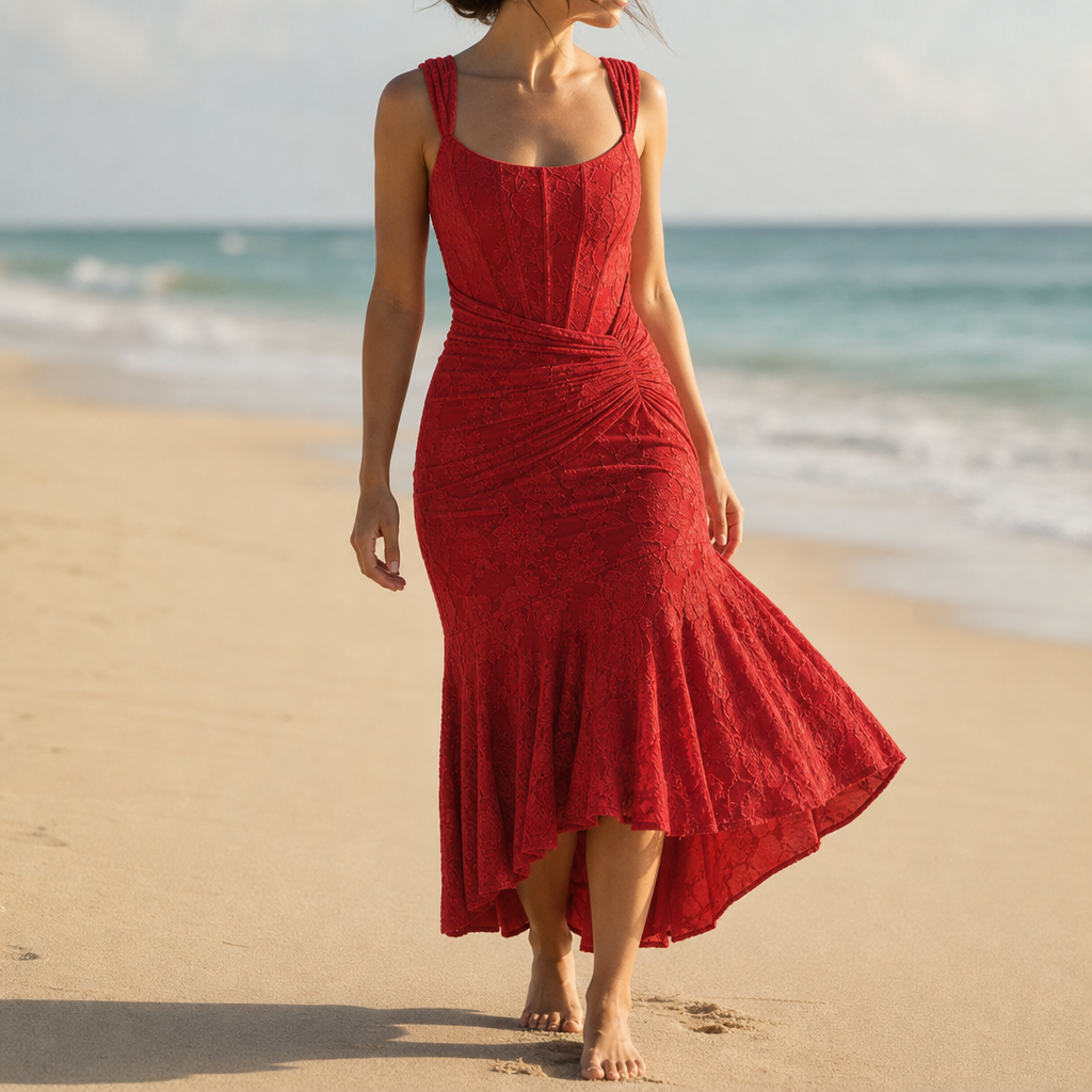 Figueres Lace Hi-Low Mermaid Dress in Red