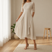 Cadiz Lace Chiffon Midi Dress in Beige