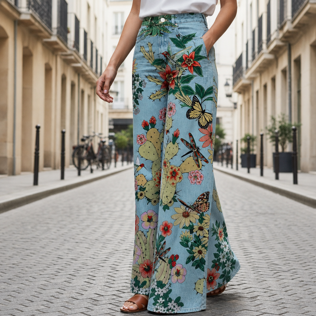 Comino Floral Wide-Leg Jeans in Blue Forest