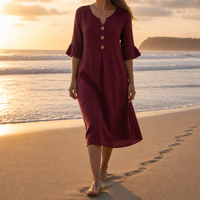Calvi Button Front Midi Dress in Bordeaux