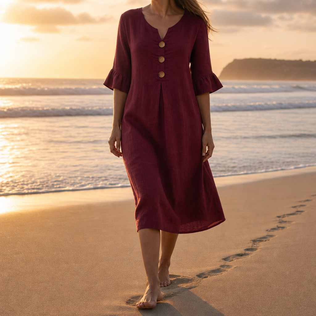 Calvi Button Front Midi Dress in Bordeaux
