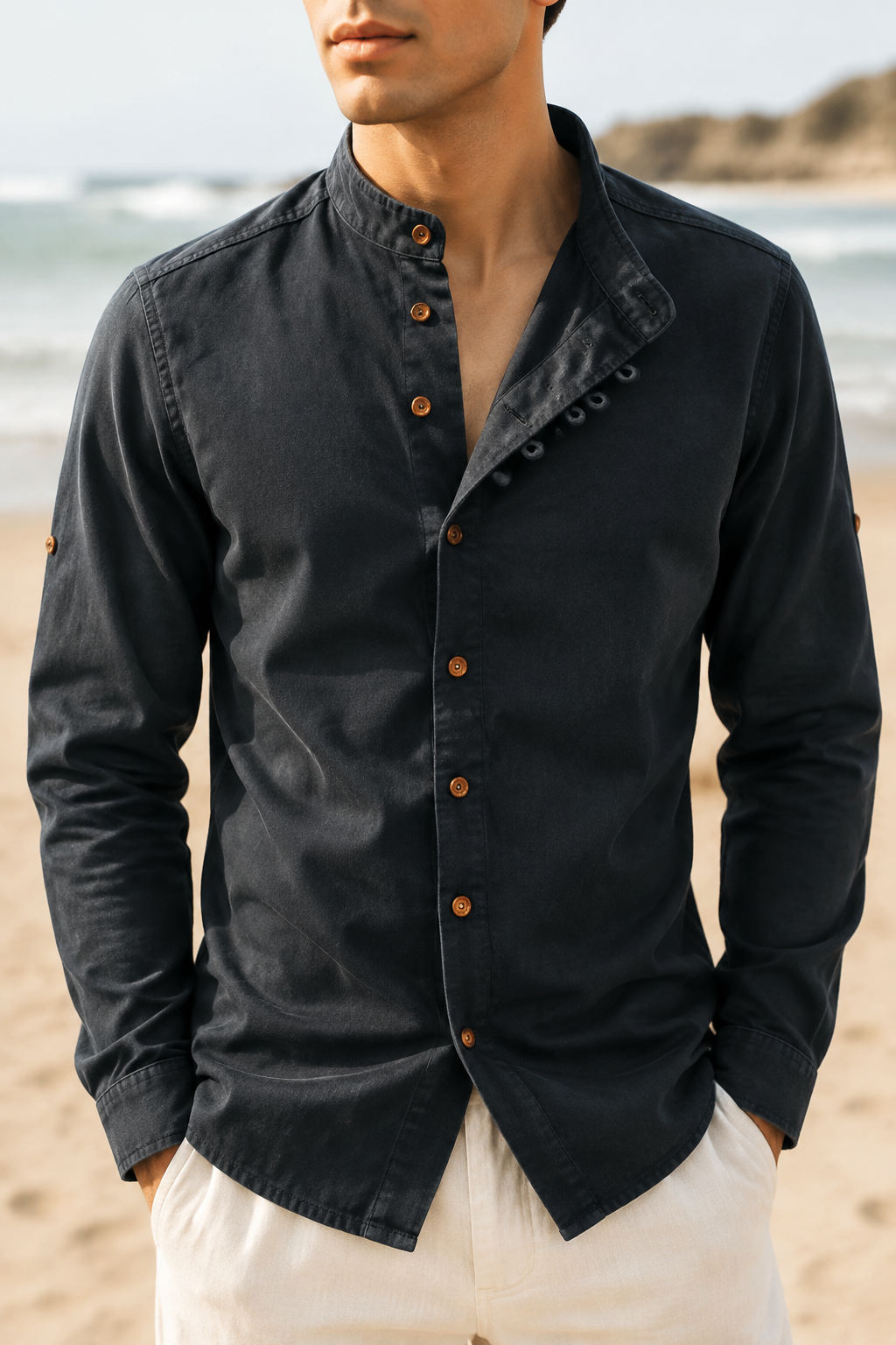 Porquerolles Mandarin Collar Linen Shirt