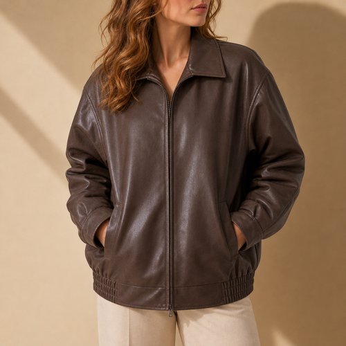 Ajaccio Oversized Leather Bomber in Brown