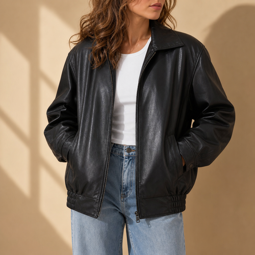 Ajaccio Oversized Leather Bomber in Black