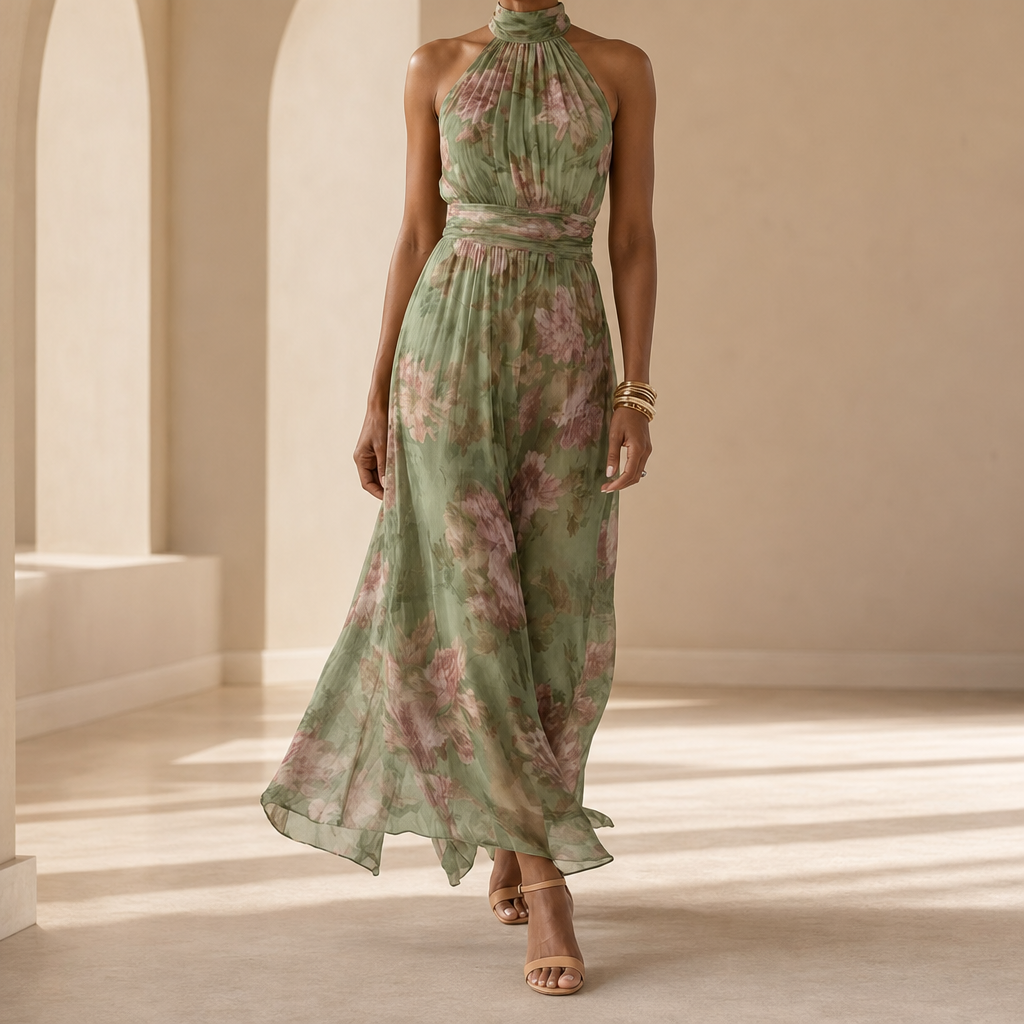 Alassio Floral Halter Maxi Dress in Sage Green