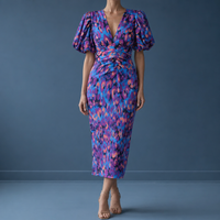 Albufeira Puff Sleeve Midi Dress in Purple