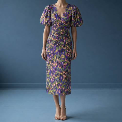 Albufeira Puff Sleeve Midi Dress in Multicolor