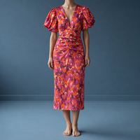 Albufeira Puff Sleeve Midi Dress in Orange/ Purple