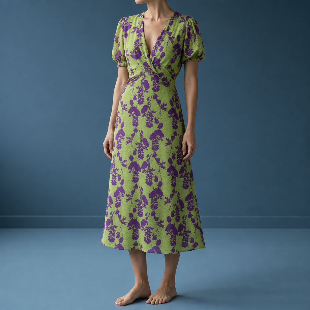 Albufeira Puff Sleeve Midi Dress in Green/Purple
