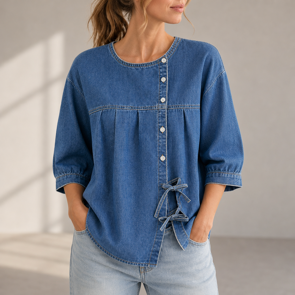 Amorgos Denim Bow Blouse in Blue
