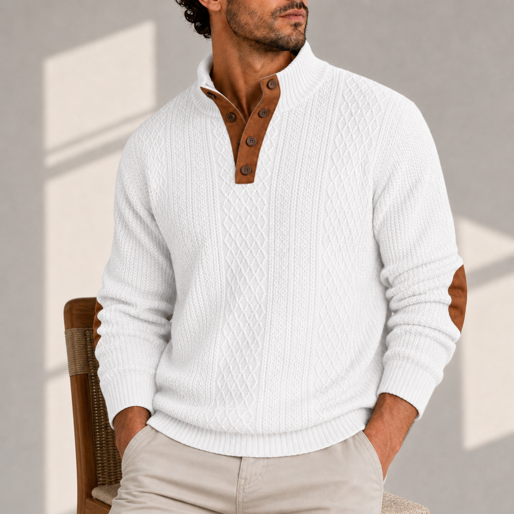 Andros Cable Knit Button Sweater in White