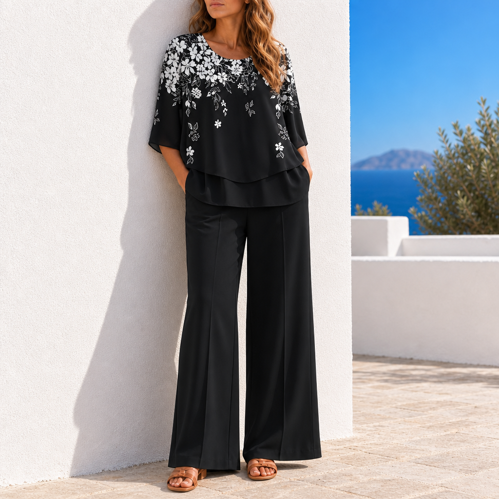 Antequera Layered Floral Two-Piece Set in Black