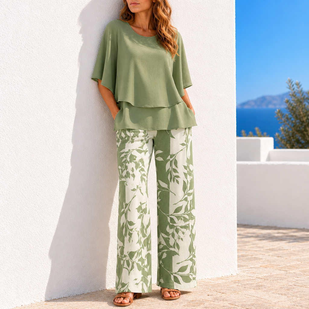 Antequera Layered Floral Two-Piece Set in Green