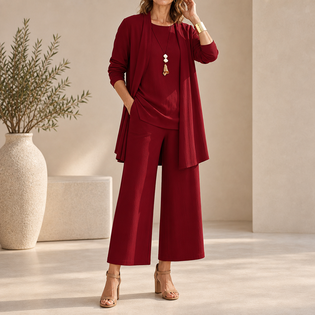 Arles Wide Leg Three-Piece Set in Red