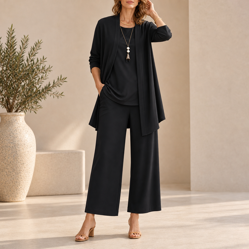Arles Wide Leg Three-Piece Set in Black