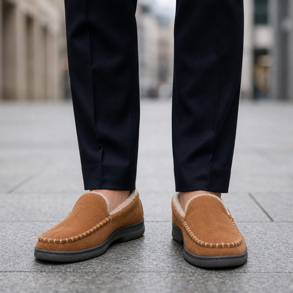 Baeza Fleece Lined Moccasin Slippers in Light Brown