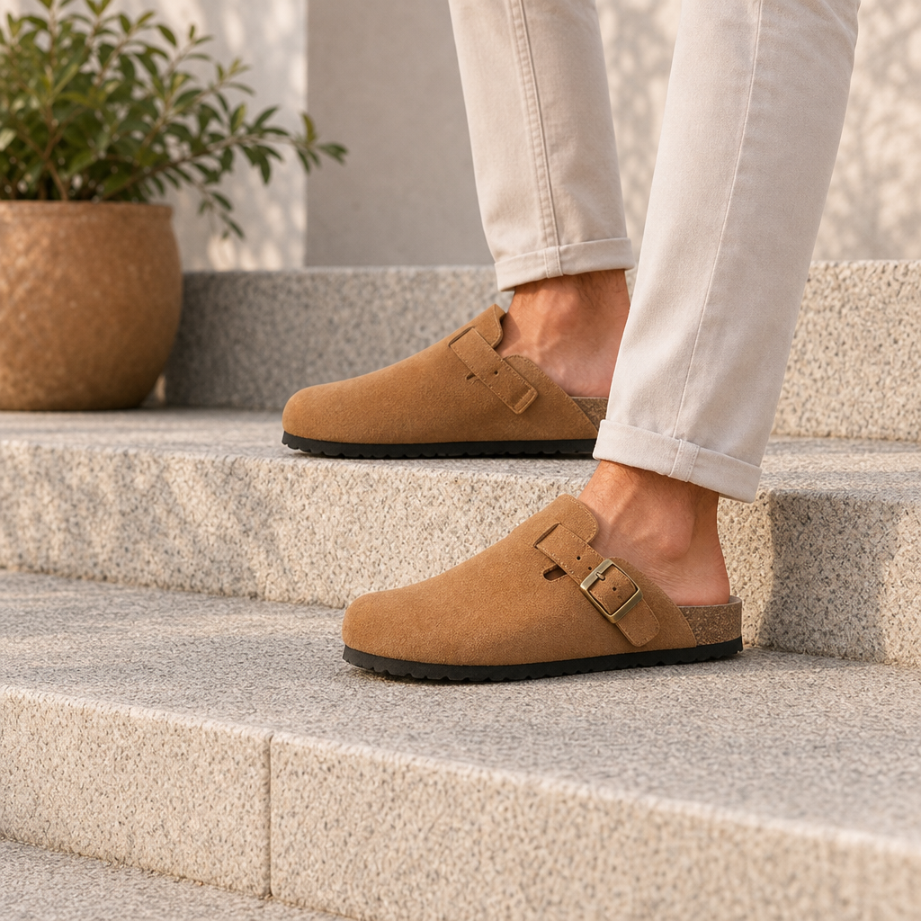 Baeza Suede Buckle Clogs in Bronze