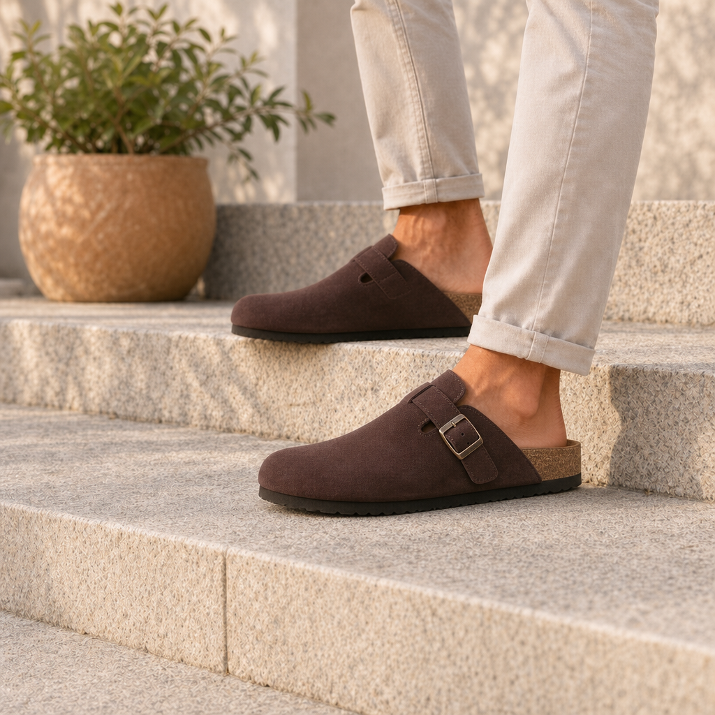 Baeza Suede Buckle Clogs in Brown
