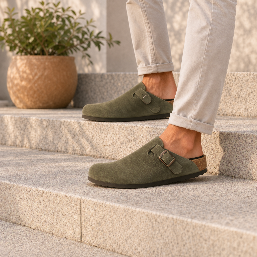Baeza Suede Buckle Clogs in Green