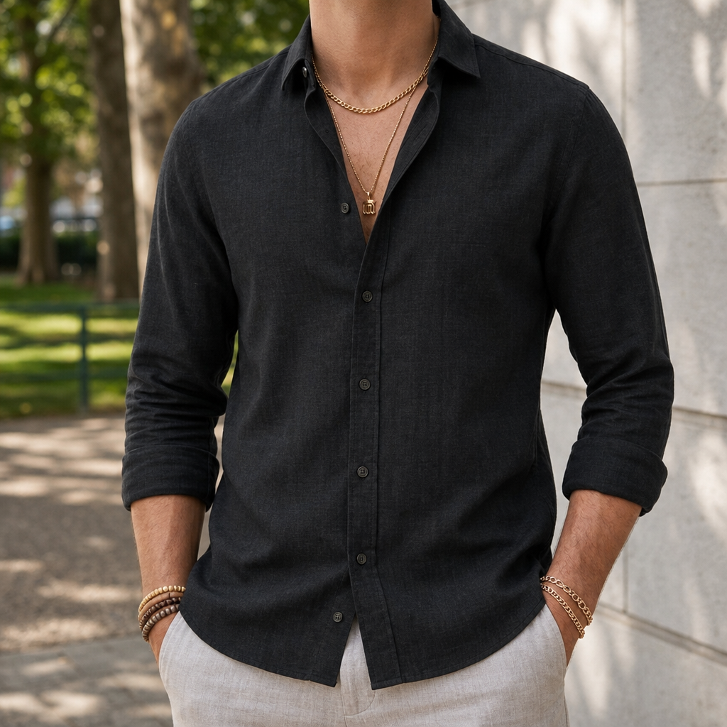 Bergamo Linen Button-Up Shirt in Black