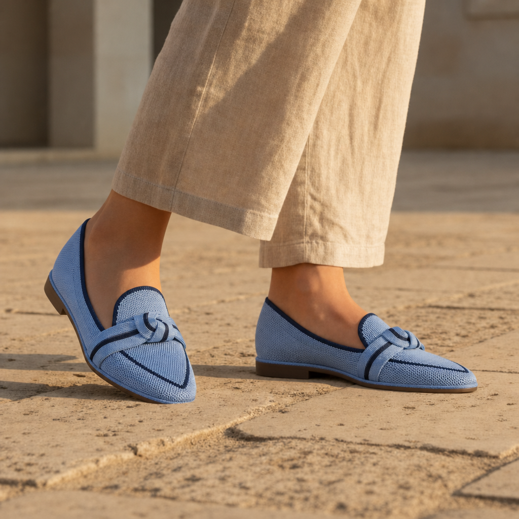 Birgu Orthopedic Knit Bow Loafers in Light Blue