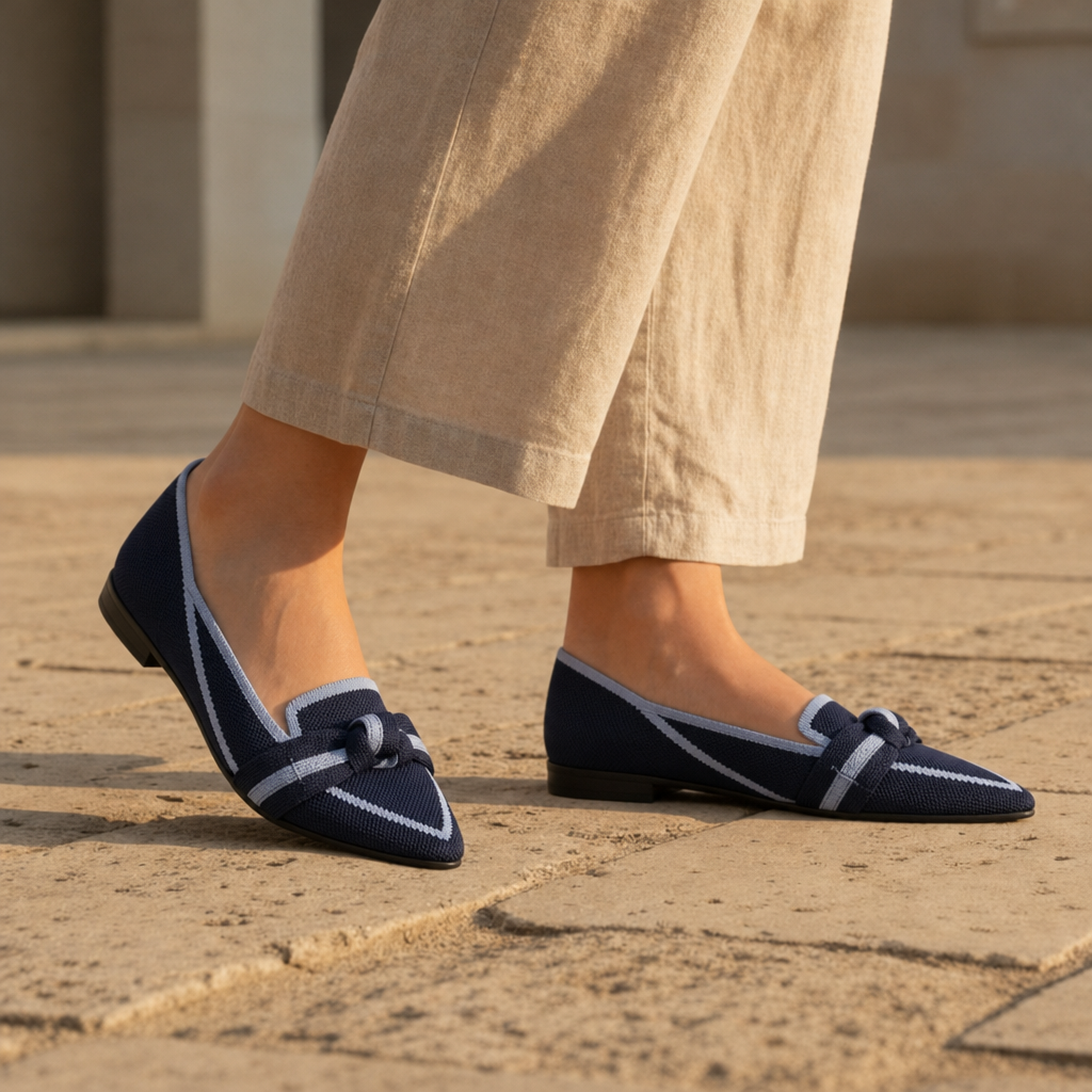 Birgu Orthopedic Knit Bow Loafers in Dark Blue