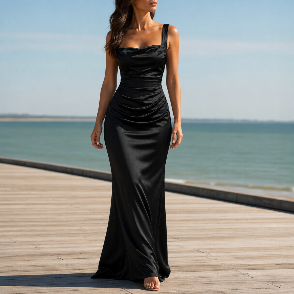 Calpe Ruched Satin Maxi Dress in Black
