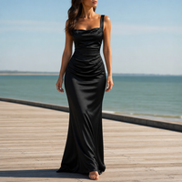 Calpe Ruched Satin Maxi Dress in Black