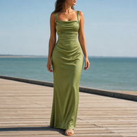 Calpe Ruched Satin Maxi Dress in Green