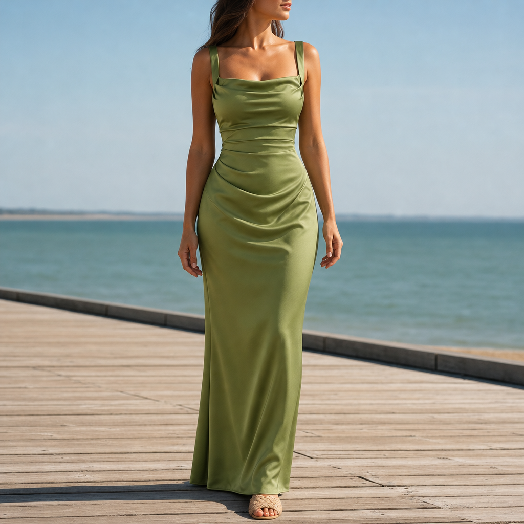 Calpe Ruched Satin Maxi Dress in Green