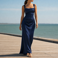 Calpe Ruched Satin Maxi Dress in Navy