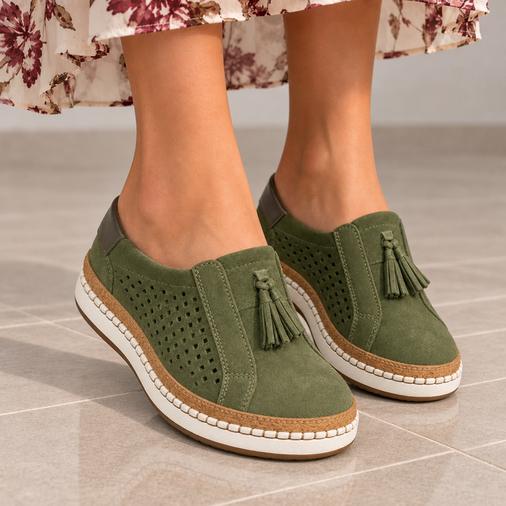 Camogli Orthopedic Tassel Mules in Green