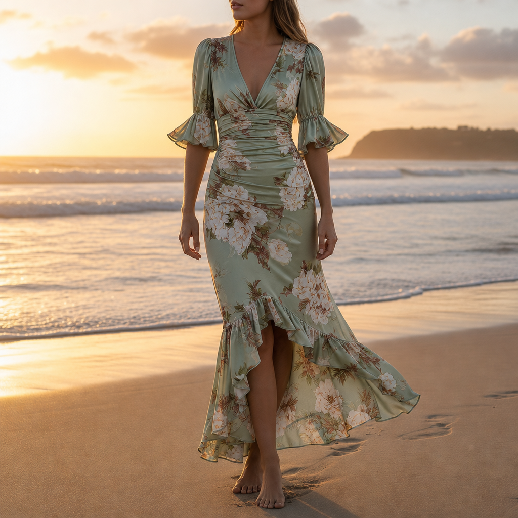 Carvoeiro Floral Ruffle Maxi Dress in Sage Green