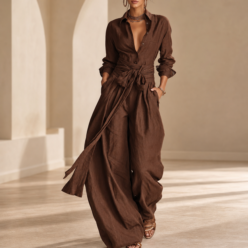 Carvoeiro Linen Wide-Leg Co-ord Set in Brown
