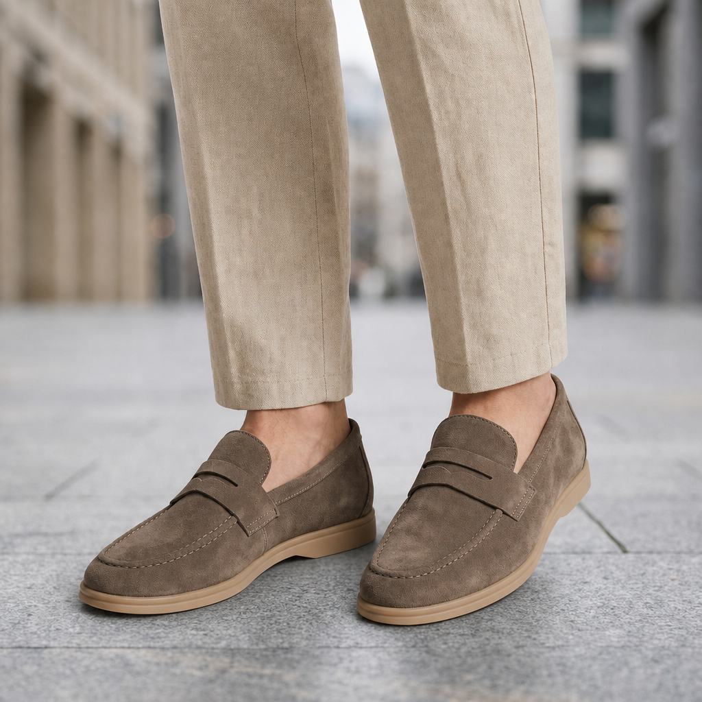 Cascais Suede Penny Loafers in Taupe