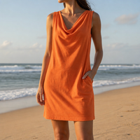 Cassis Cowl Neck Pocket Mini Dress in Orange