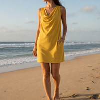 Cassis Cowl Neck Pocket Mini Dress in Yellow