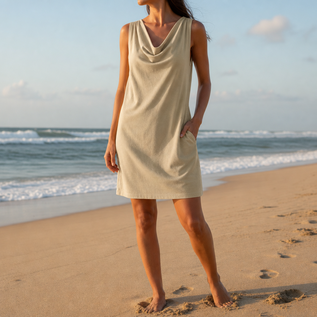 Cassis Cowl Neck Pocket Mini Dress in Khaki