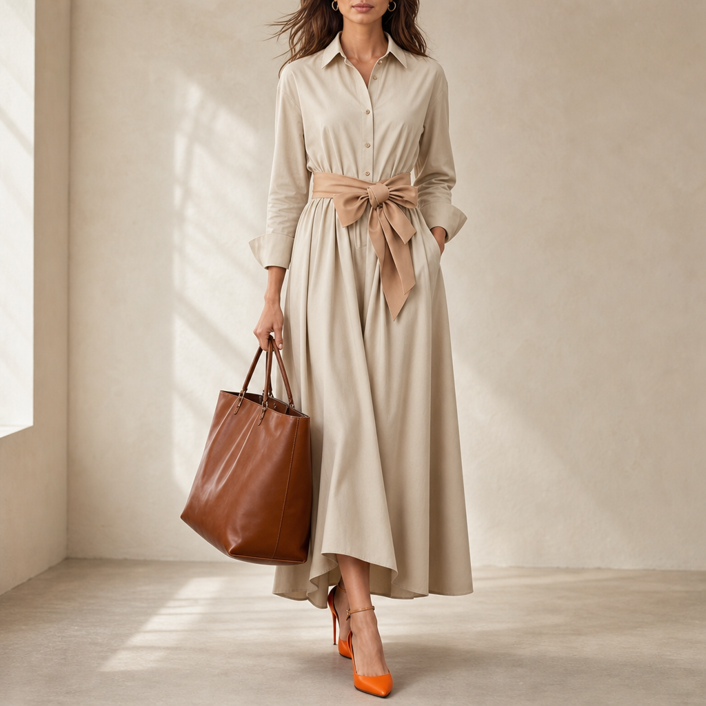 Cavtat Tie Belt Shirt Dress in Beige
