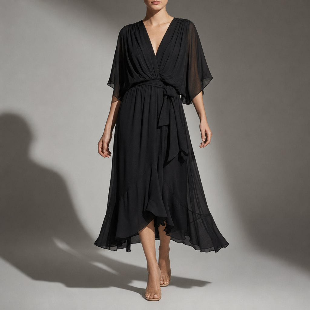Cefalu Flowy Wrap Midi Dress in Black