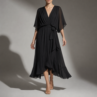 Cefalu Flowy Wrap Midi Dress in Black