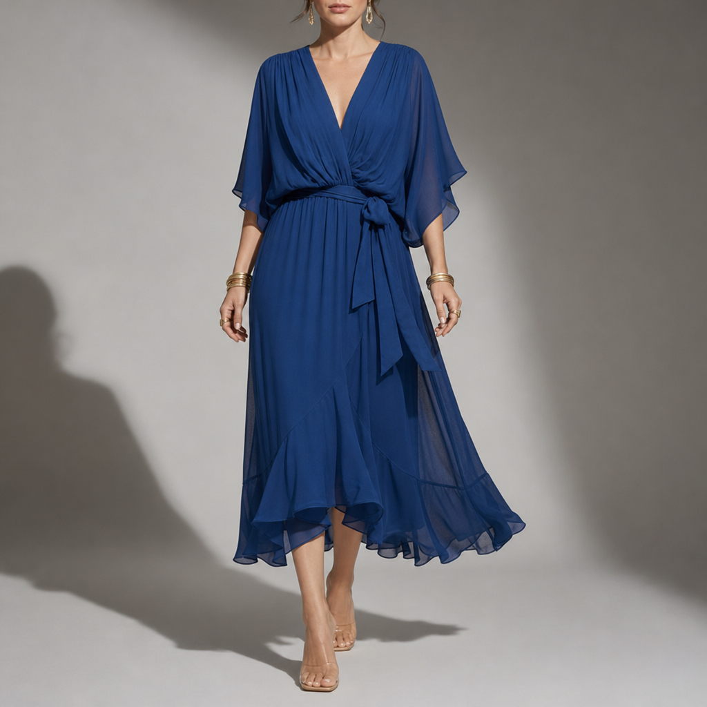 Cefalu Flowy Wrap Midi Dress in Blue