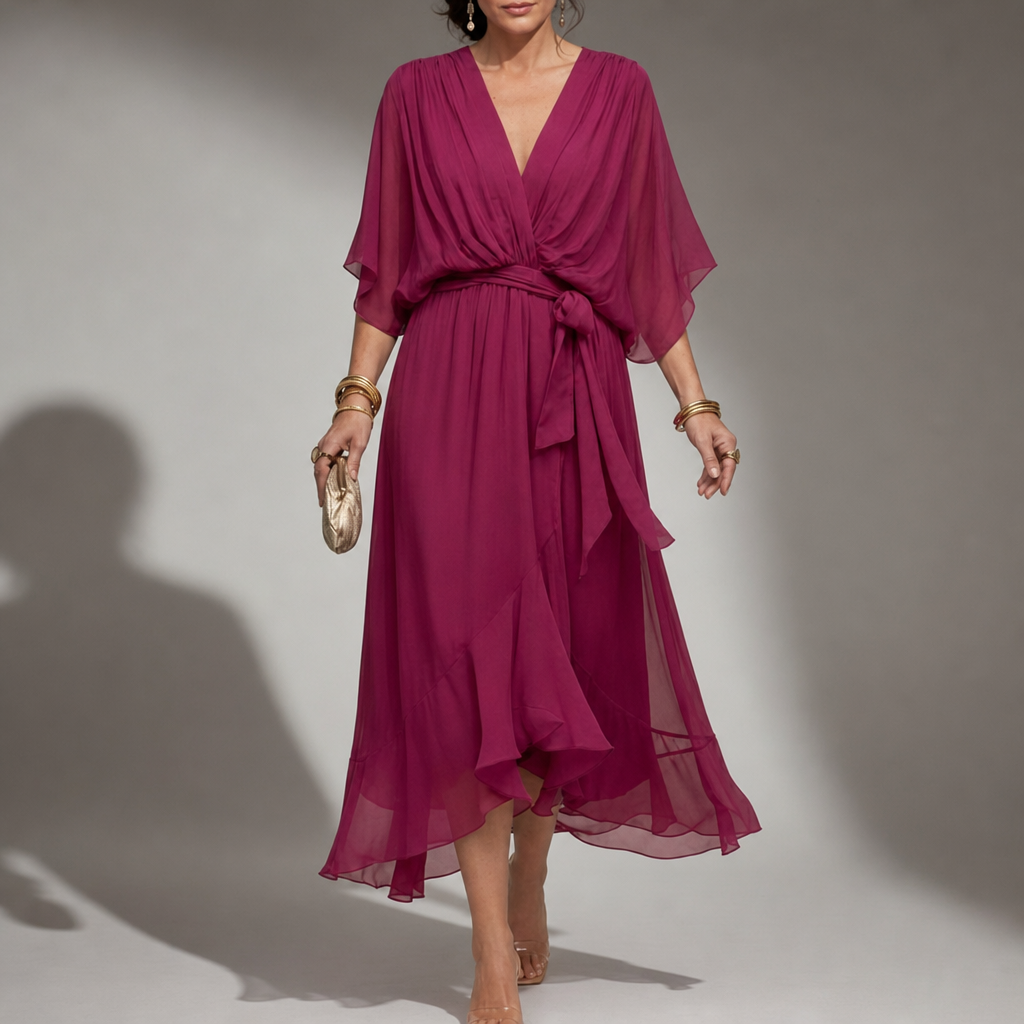 Cefalu Flowy Wrap Midi Dress in Dark Purple