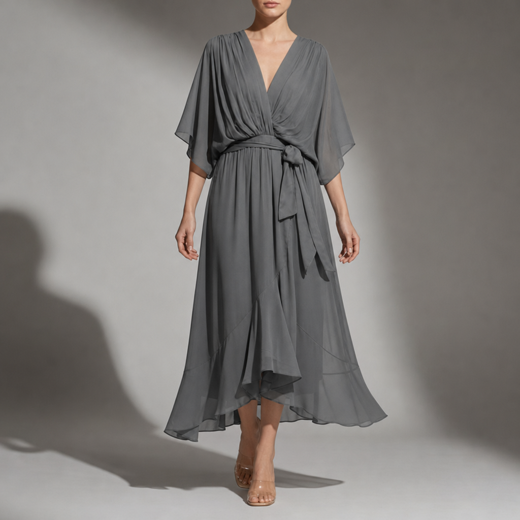 Cefalu Flowy Wrap Midi Dress in Gray