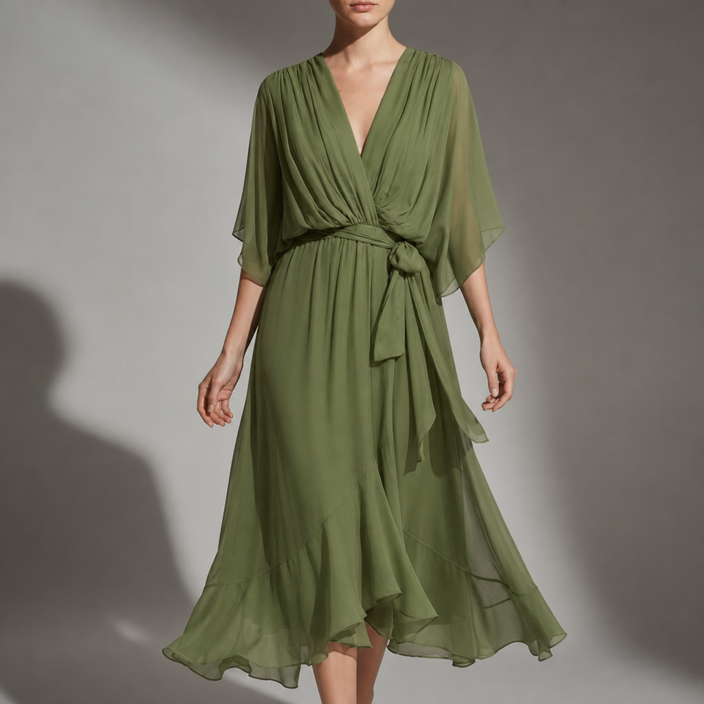 Cefalu Flowy Wrap Midi Dress in Green