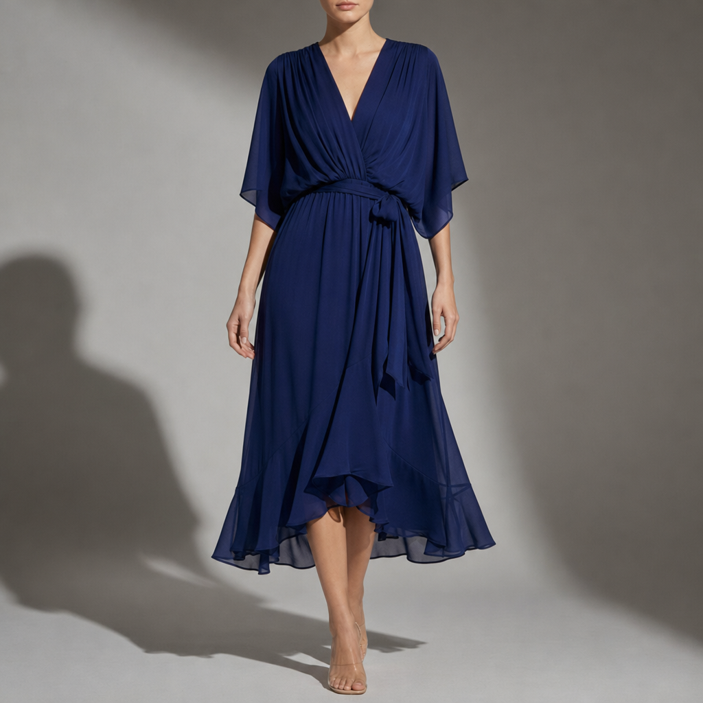 Cefalu Flowy Wrap Midi Dress in Navy Blue